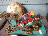 TRAY OF BOOKENDS, GLOBE, SCHULTZ BEER HITCH, MORE