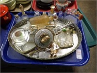 GLASS TRAY WITH VANITY  ITEMS, PERFUMES