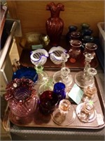2  TRAYS COLORED GLASS CANDLE STICKS, VASES