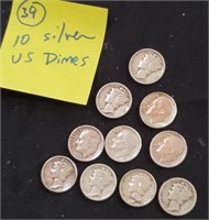 10 old US silver dimes Eisenhower Mercury