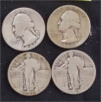4 US silver quarters Washington Standing Liberty