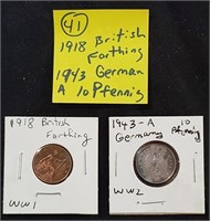 WW1 1918 British Farthing WW2 1943-A Germany 10pfg