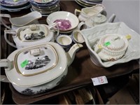 TRAY OF ASST. CHINA W/MOLD, TEAPOT, CREAMERS