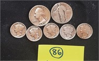 US silver 2 quarters & 5 ww2 era mercury dimes