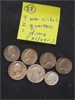 US Silver coins 4 War Nickels 2 quarters 1 dime