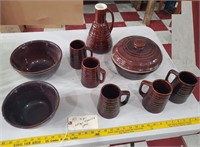 9pc antique MARCREST pottery mugs bowls carafe