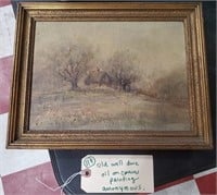 Antique anonymous oil painting farmhouse scene
