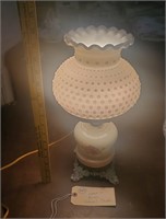Antique lamp w hobnail milk glass shade