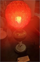 Ornate brass & milk glass antique lamp w red shade