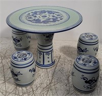 Asian hand-painted ceramic 2pc. table & 4 stools