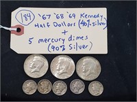 3 Kennedy half dollars + 5 Mercury dimes silver
