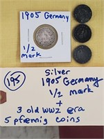 1905 Germany 1/2 mark coin + 3 ww2 era 5 pfennig