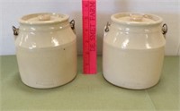 (2) SMALL CROCKS WITH LIDS AND HANDLES