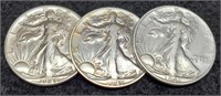 (3) 1941-P,D,S Walking Liberty Half Dollars AU