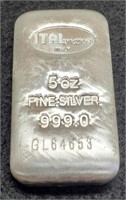 (5) Troy Oz. Silver Bar Sold By The Ounce By Ital