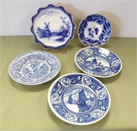 (5) BLUE & WHITE PLATES-(2) ARE FLOW BLUE