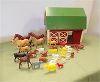 TOY BARN WITH PLASTIC ANIMALS AND TOY CARS