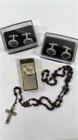 Vintage lighter, cuff links & rosary