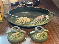 ROSEVILLE USA CONSOLE BOWL & TWO CANDLE HOLDERS