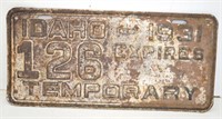 RARE 1931 "Temporary" Idaho license Plate