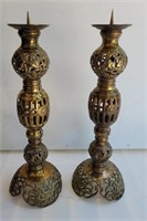 Brass candle holders.  14ins. Each screws apart