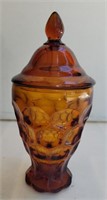 Amber glass candy dish with lid . 8½"