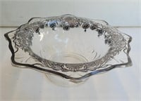 Glass dish with silver leaf. 11ins