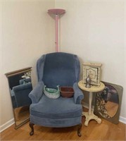 Wing Back Chair, Side Table, Floor Lamp