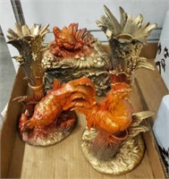 TRAY OF ROOSTER DECOR, CANDLE HOLDERS,