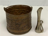 Embossed Copper Bucket and Silverplate Swan Vase