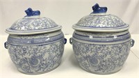 Two Blue and White Covered Asian Jars