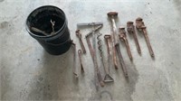 Vintage tools, pipe wrench’s, hammer, wrenches,