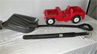 Snow shovel, toy truck, tire bat