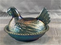 7" Vint. Indiana Carnival Glass Hen On A Nest Dish