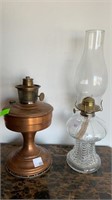 2 oil lamps, copper Aladdin and glass, 17’’ and