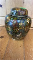 Enamel floral metal urn marked china on bottom