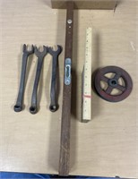 5 Vintage Tools  metal wheel, wrenches, levelers