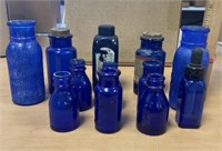 12 Vintage Cobolt Blue Medicine Bottles