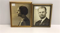 Two small black and white portraits in frames.