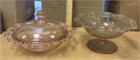 2 Pink depression candy dishes 1 w/out lid