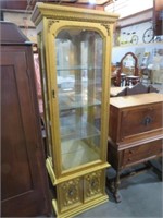 GOLD COLORED (3) DOOR LIGHTED CURIO CABINET