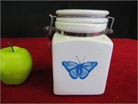 White and Blue Butterfly Clamp Lid Cannister
