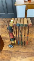Primitive croquet set, all mallets and balls with