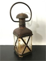 Vintage glass carrying lantern with leather detail