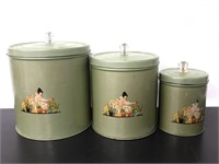 Trio of vintage green lidded tins for kitchen
