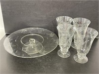 Set of cut glass iced tea cups & glass cake stand