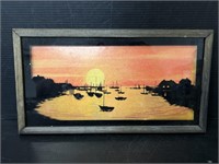 Wooden framed sailboat sunrise art work
