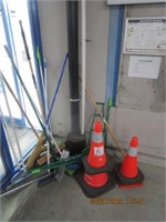 Assorted cleaning sundries and safety cones