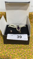 Avon Pearl & Purple Stone Necklace & Earrings