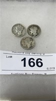 3 Silver Mercury Dimes - 1920 S, 1935 P, 1940 P